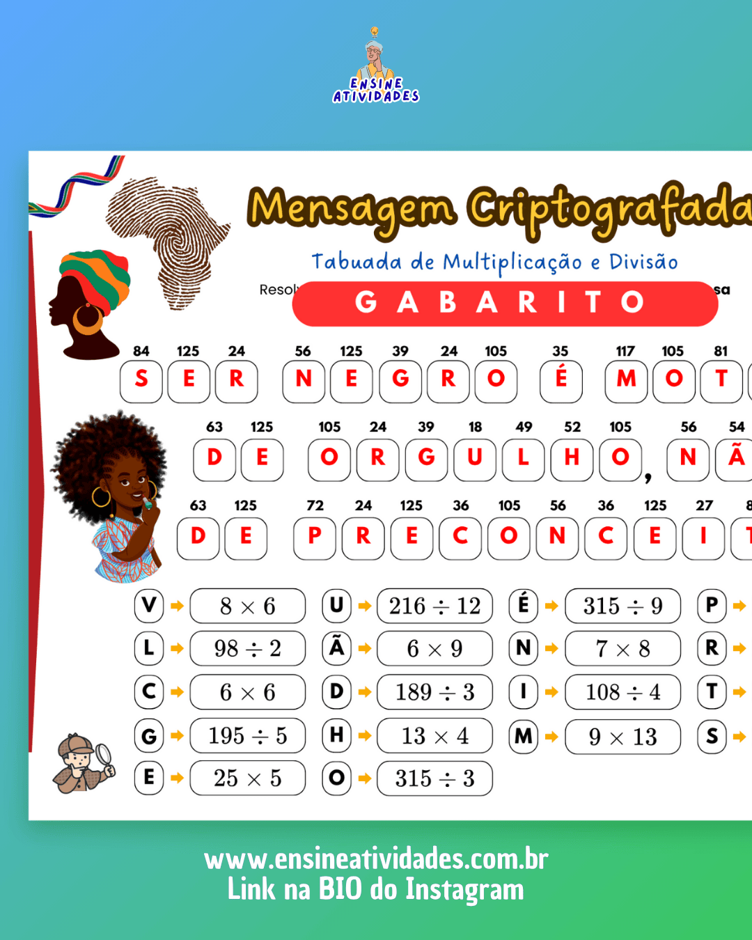 Mensagem Criptografada da Tabuada de Multiplicação e DIVISÃO - Consciência Negra - Imagem 2